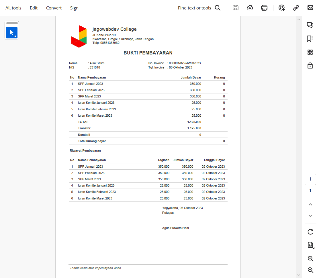 Invoice Pembayaran SPP Sekolah Format PDF